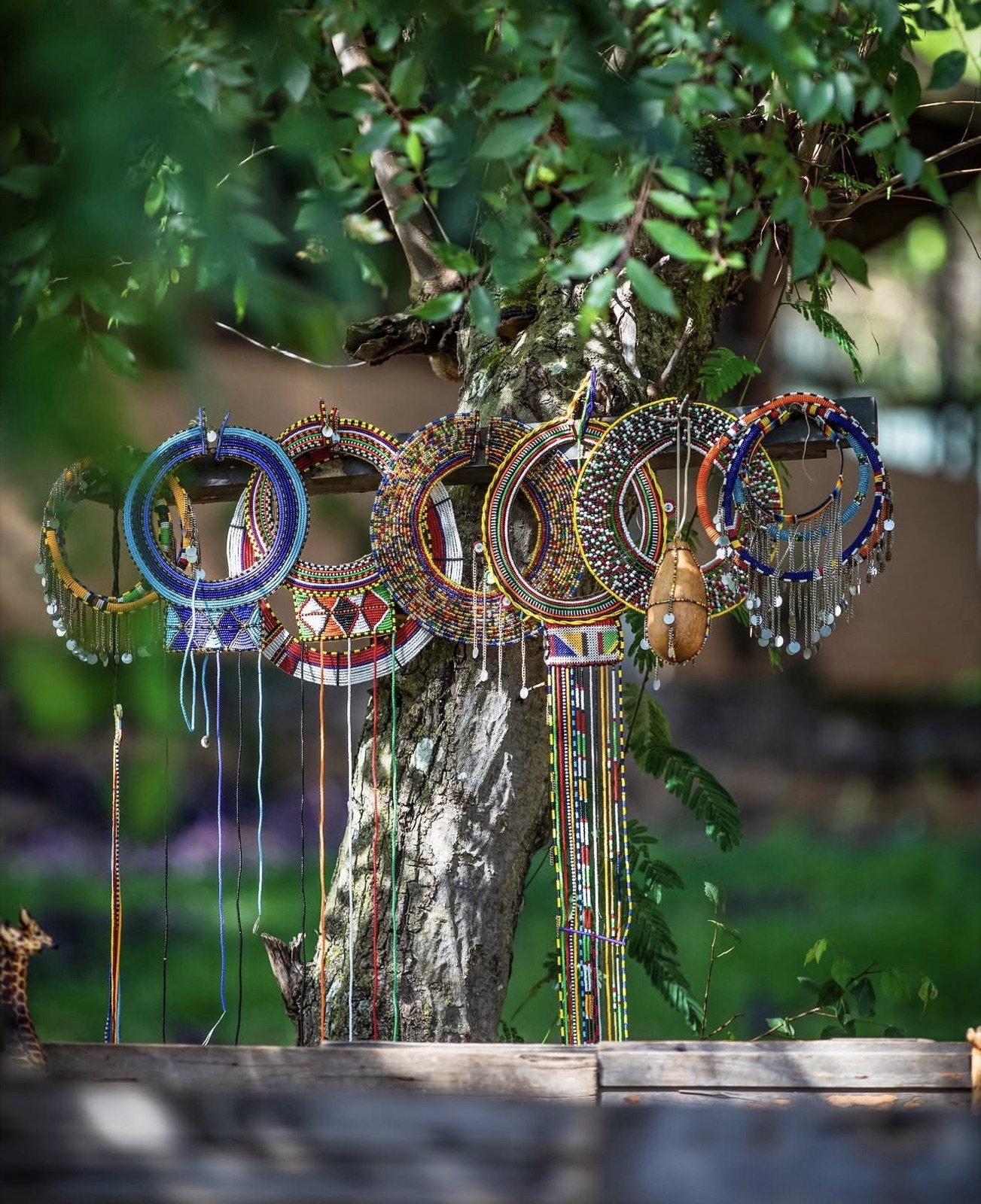 Maasai beadwork hanging from a tree